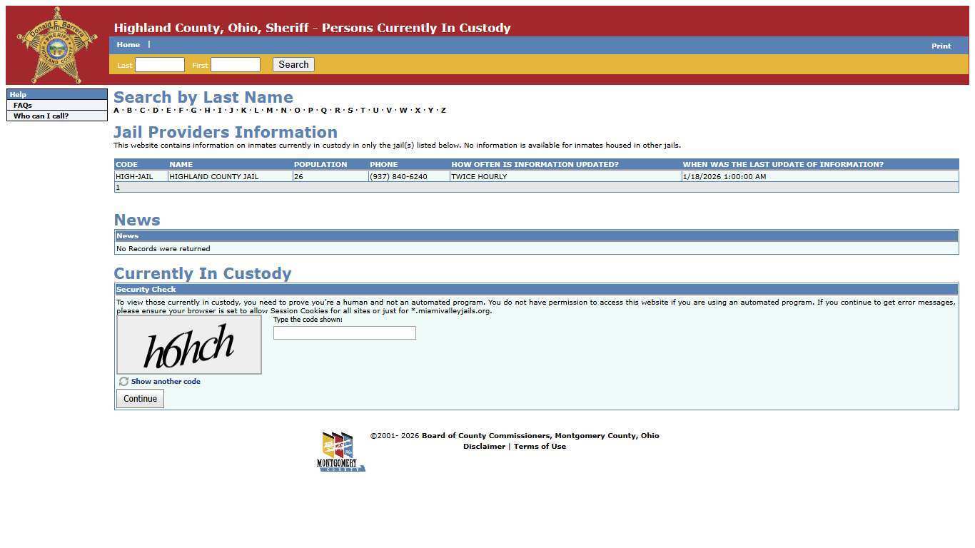 Highland County, Ohio, Sheriff - Persons Currently In Custody